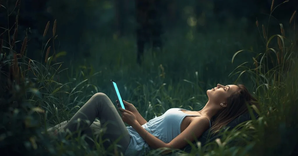 woman laying unplugging from laptop to reduce stress in the forest