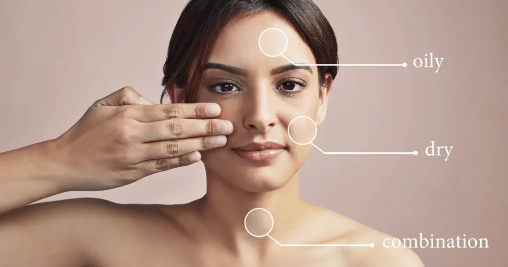 A woman showing three different skin types oily, dry and combination