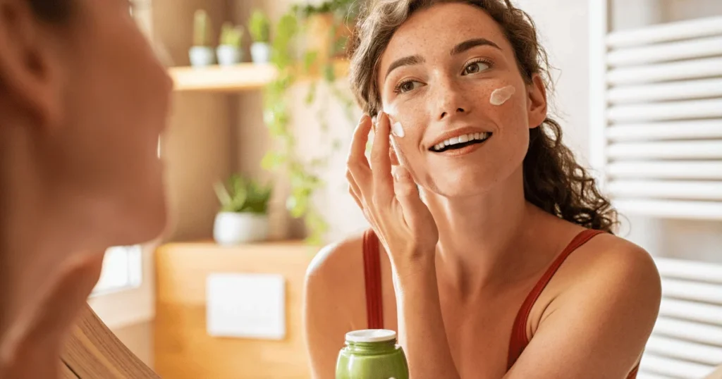 woman applying skincare moisturizer for radiant skin